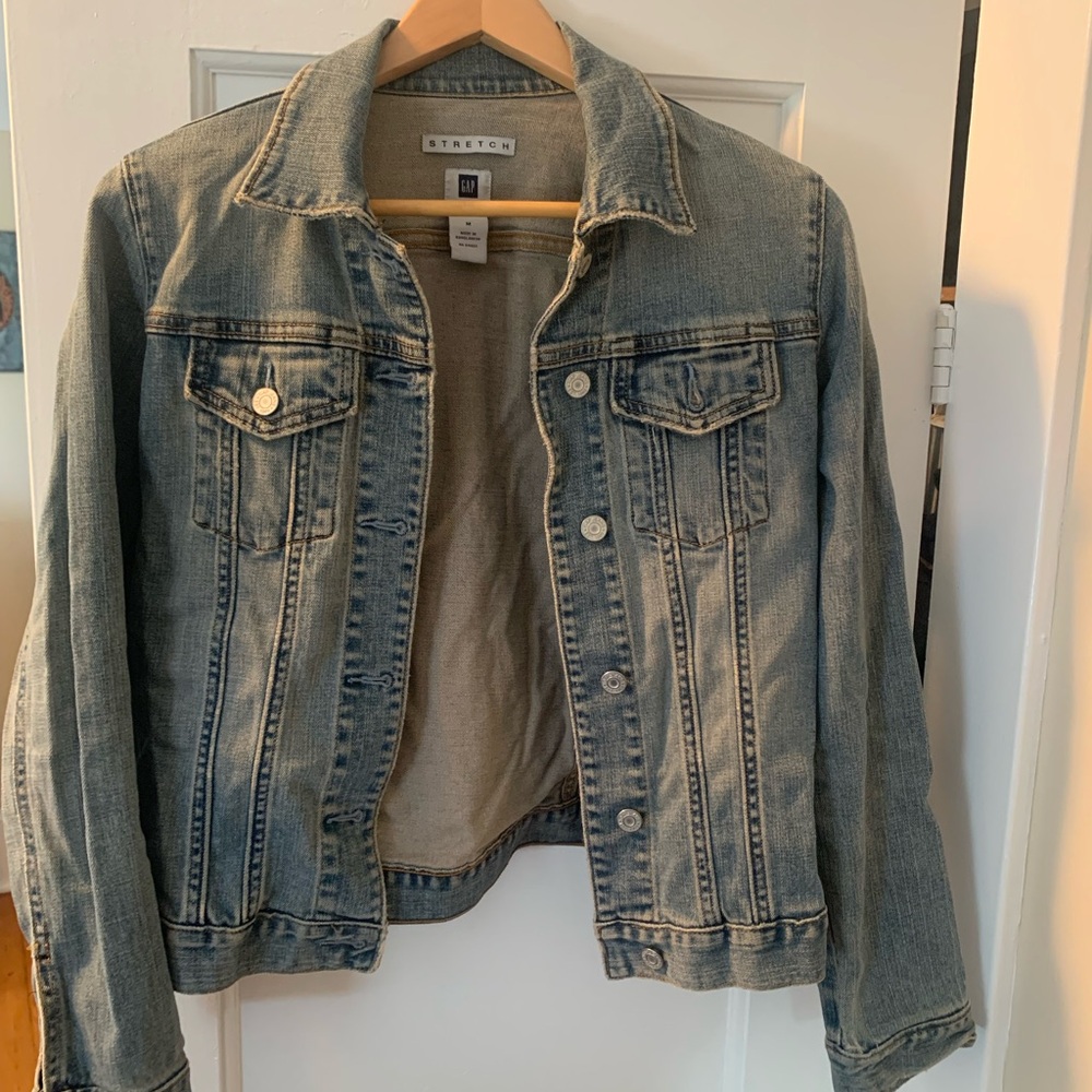GAP Distressed Denim Jacket with Button Closure